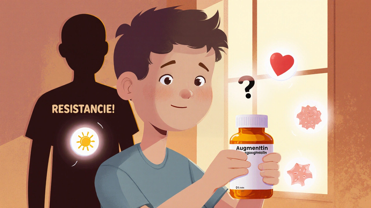 A patient surrounded by floating antibiotic options, with a shadow of resistance behind them.