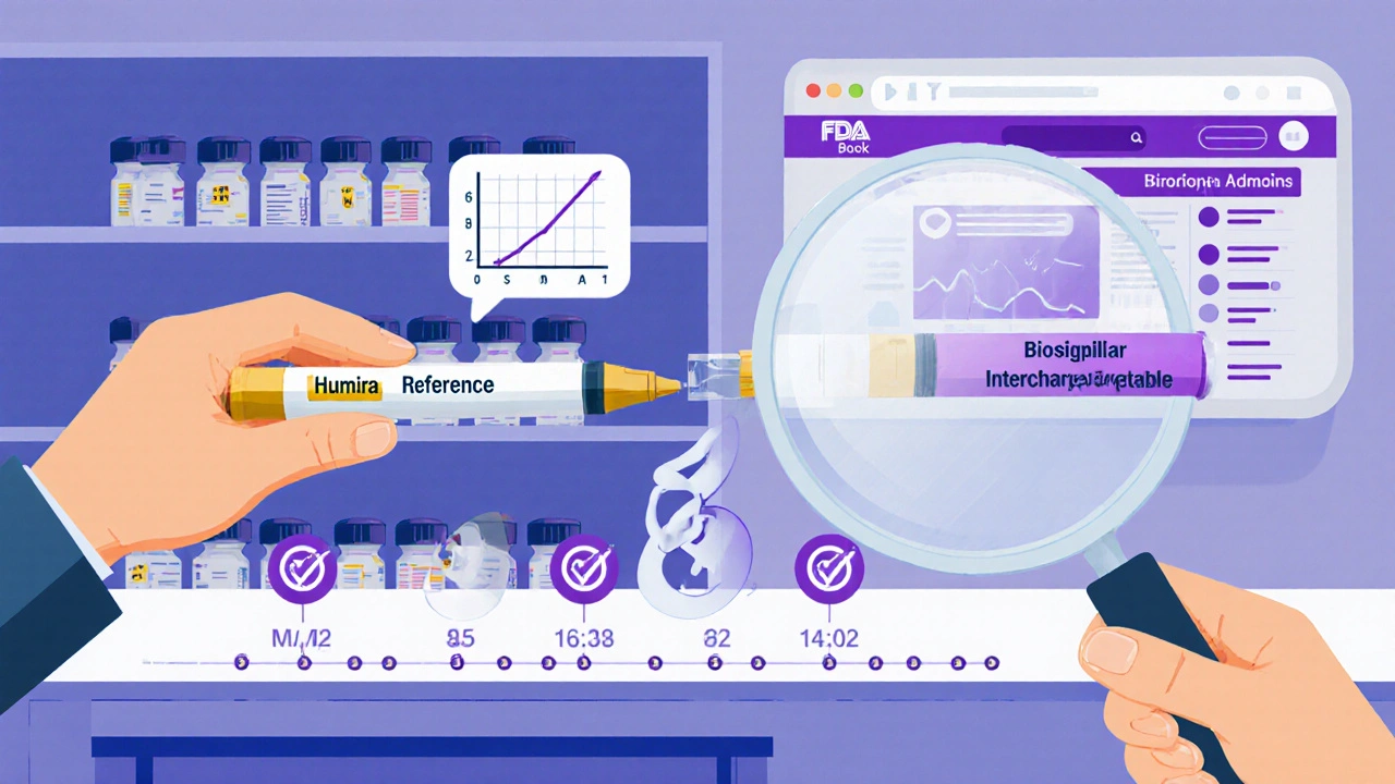 A patient switching between insulin pens with a timeline showing stable blood sugar levels.