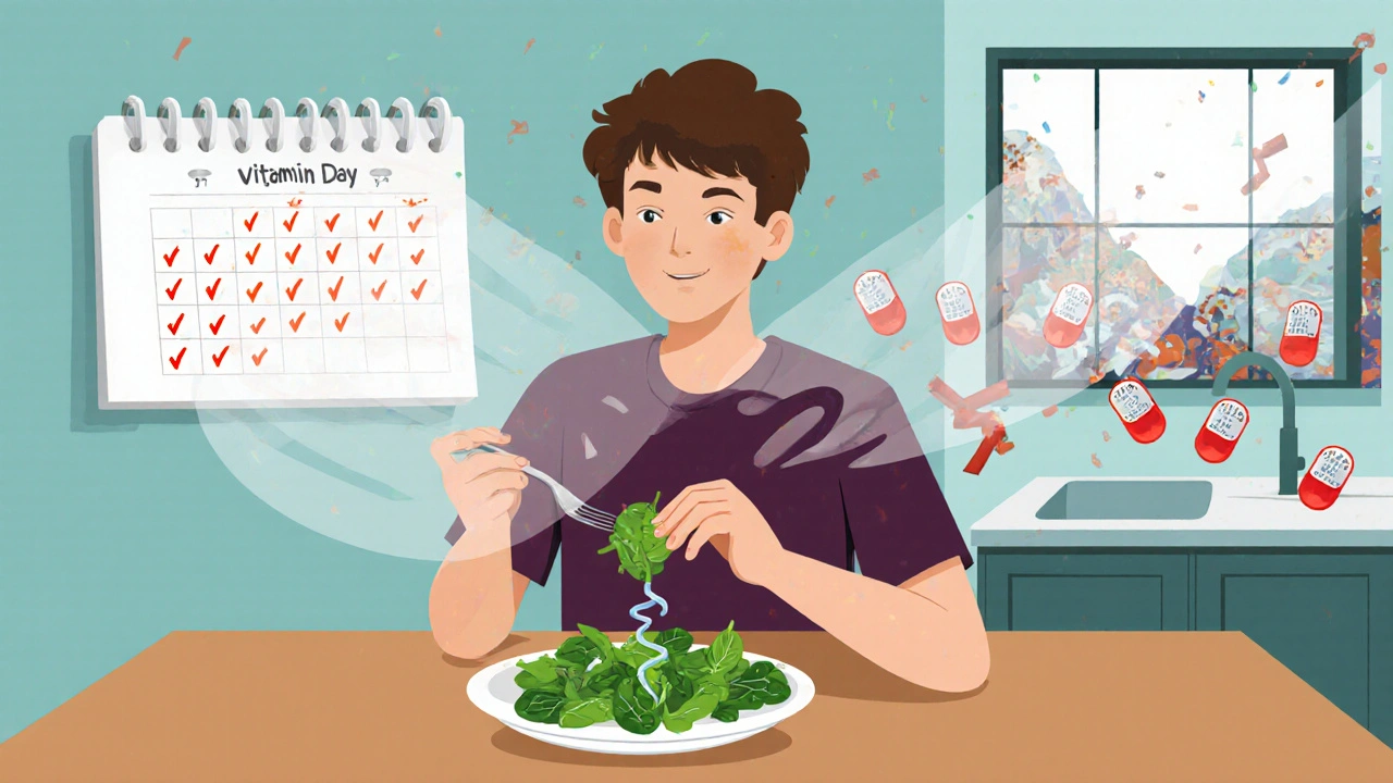 A person eating spinach salad daily with a marked calendar, showing routine versus chaotic INR spikes in the background.