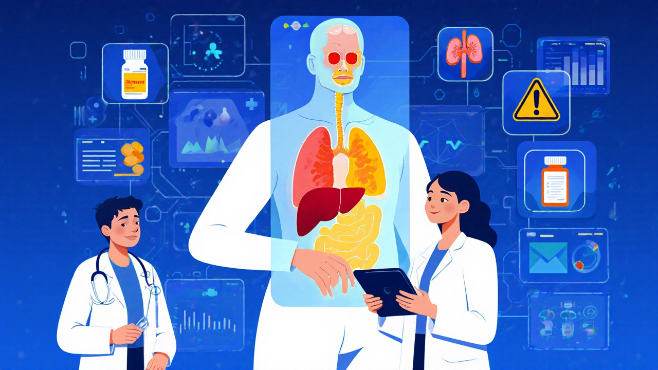 A pharmacist projecting a color-coded toxicity map of a patient’s body, with drug icons floating around.