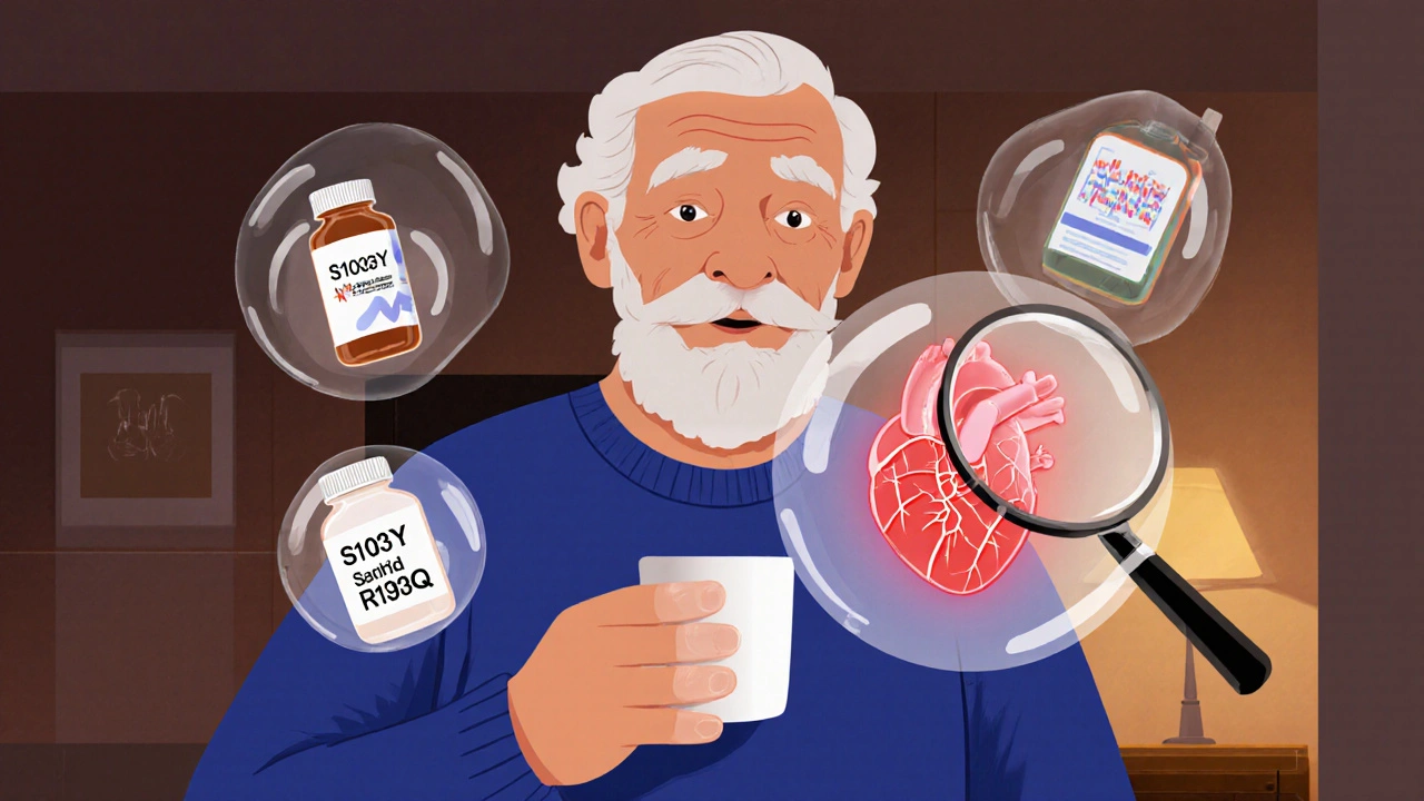 An elderly man with floating medications and glowing gene variants affecting his heart rhythm.