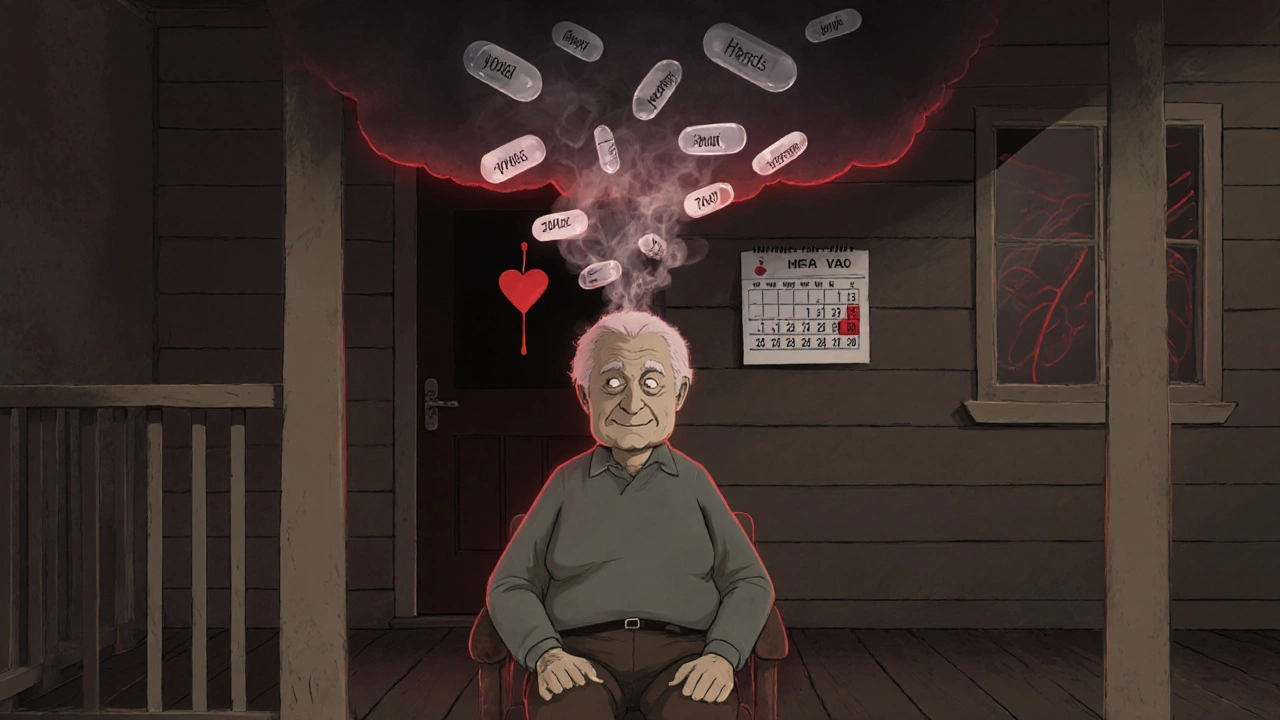 An elderly person with ghostly pills rising from their body, forming a toxic cloud over lungs and heart.