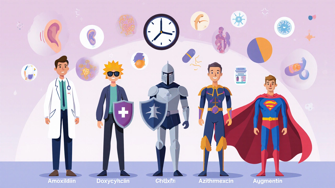 Cartoon characters representing different antibiotics standing beside Augmentin, each with symbols of their uses.