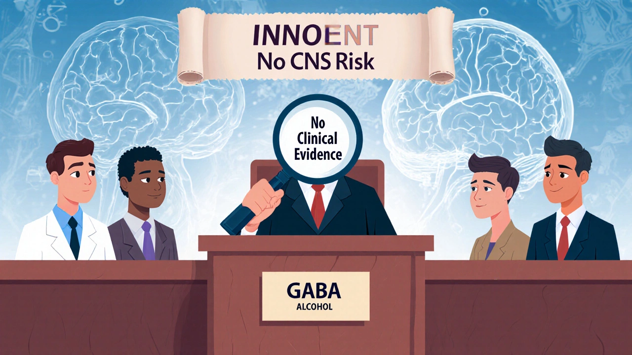 Cartoon courtroom inside the body where GABA is acquitted while alcohol and kava are blamed for sedation risks.