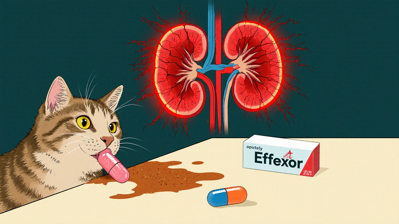 Cat licking residue from a counter with internal organs glowing red from toxicity.