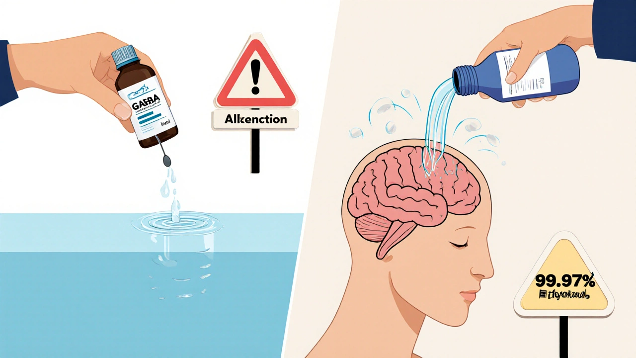 Comparison of a teaspoon filling a pool vs. a firehose flooding a brain, showing GABA&#039;s low bioavailability.