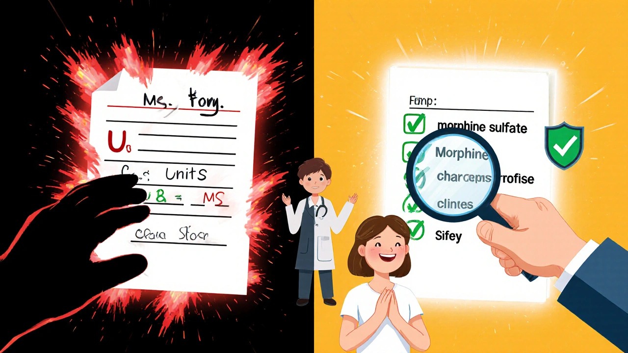 Dangerous medical abbreviations vs. safe plain English prescriptions in a split illustration.