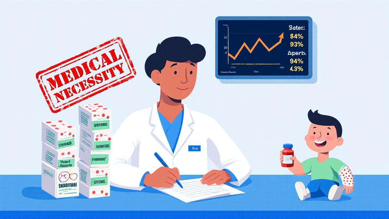 Doctor prescribing a generic drug with FDA-equivalent labels and state adoption rates displayed on screen.