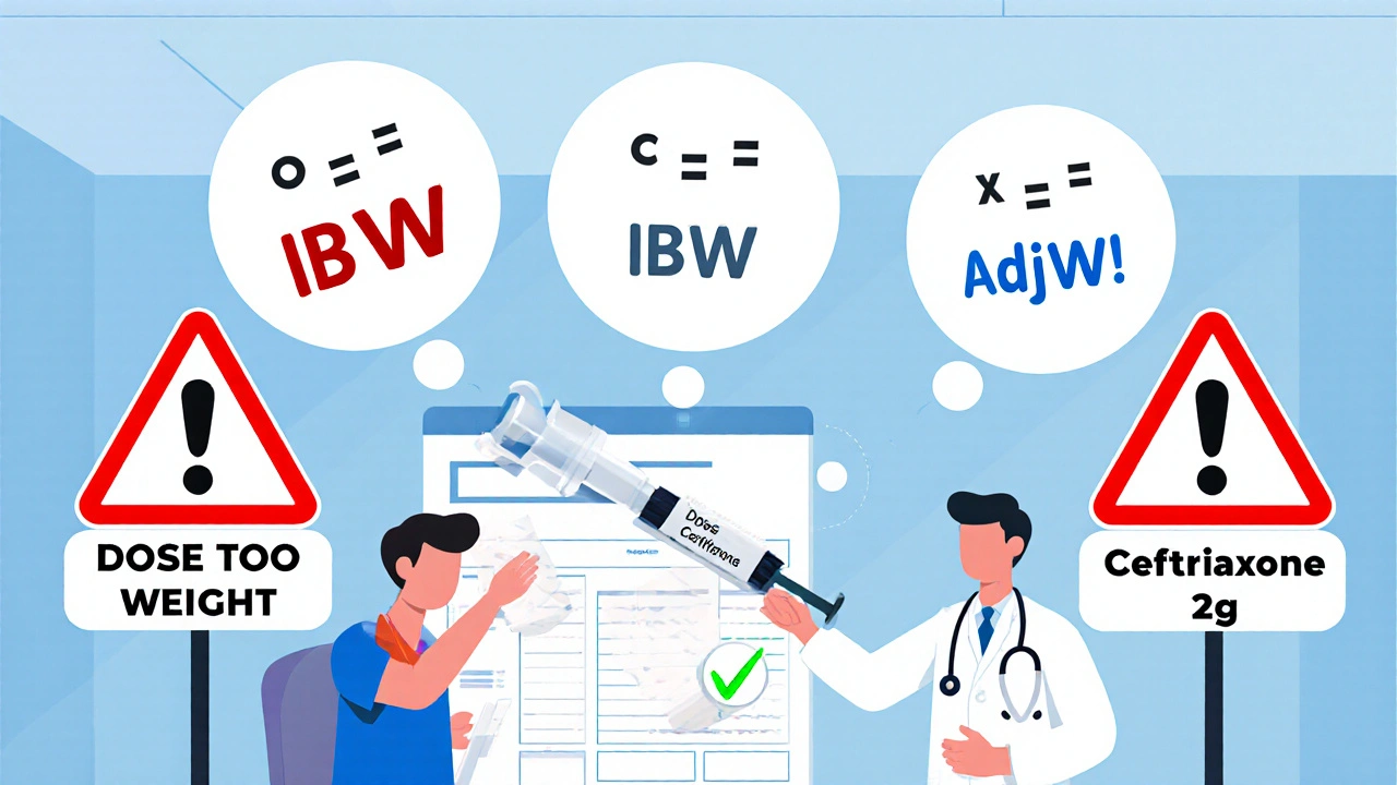 Doctors debating weight formulas for medication dosing in a hospital setting with warning signs.
