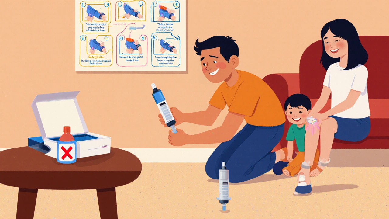 Family practicing with a trainer epinephrine injector on the floor, with a step-by-step poster on the wall.