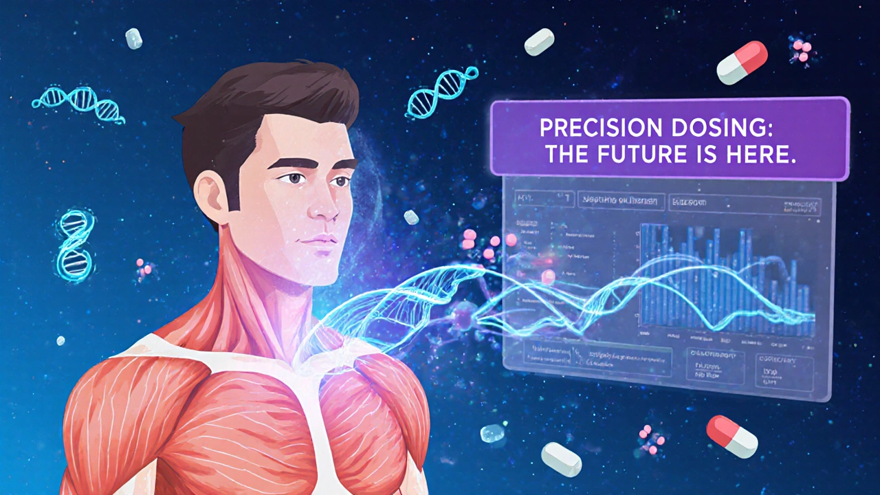 Futuristic body scanner displaying muscle-fat composition and drug interaction data in real time.