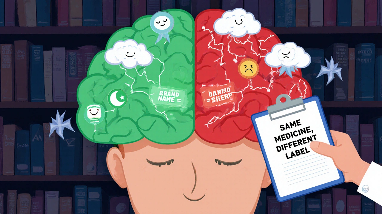 Human brain with two contrasting pathways showing how brand and generic labels influence perceived side effects.