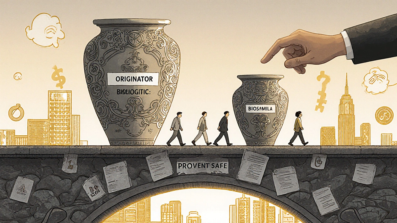 Identical ceramic vases labeled originator and biosimilar on a shelf with patients walking on study reports.