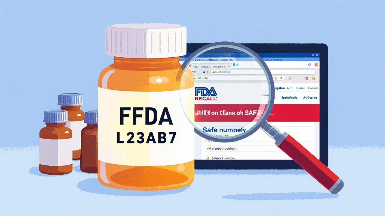 Magnifying glass over pill bottle with highlighted recall lot number, other bottles untouched on counter.