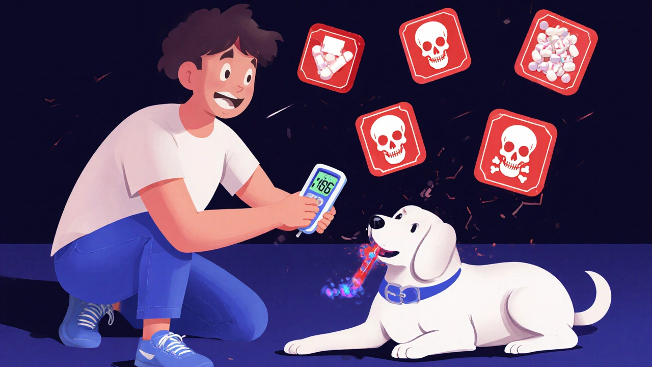 Owner checking dog&#039;s temperature as dog trembles with blue gums and drug icons float nearby.