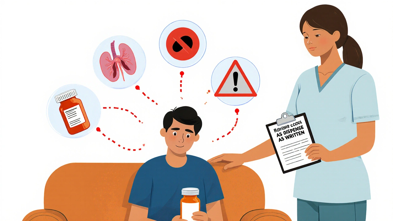 Person feeling unwell with medical warning icons above, supported by doctor advocating for brand medication.