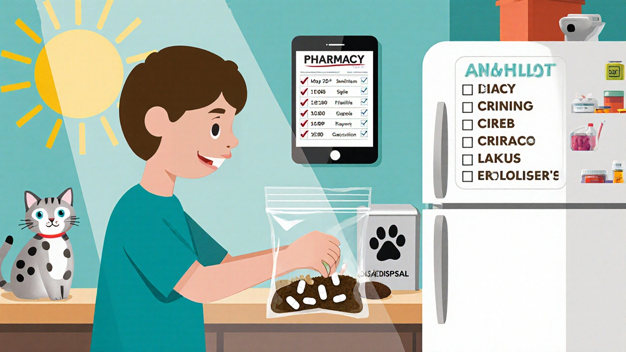 Person safely disposing of recalled meds with coffee grounds, phone ringing from pharmacy, checklist on fridge.
