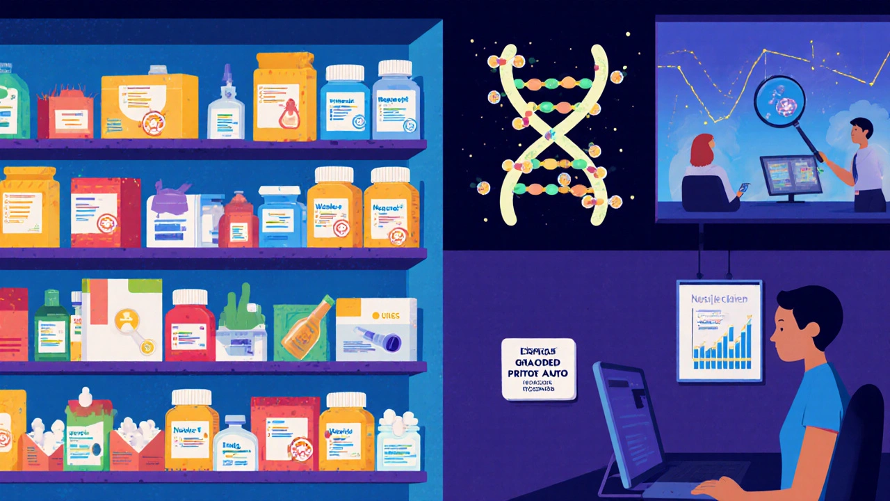 Pharmacy shelf with dominant generic drugs and a DNA helix representing personalized medication matching.