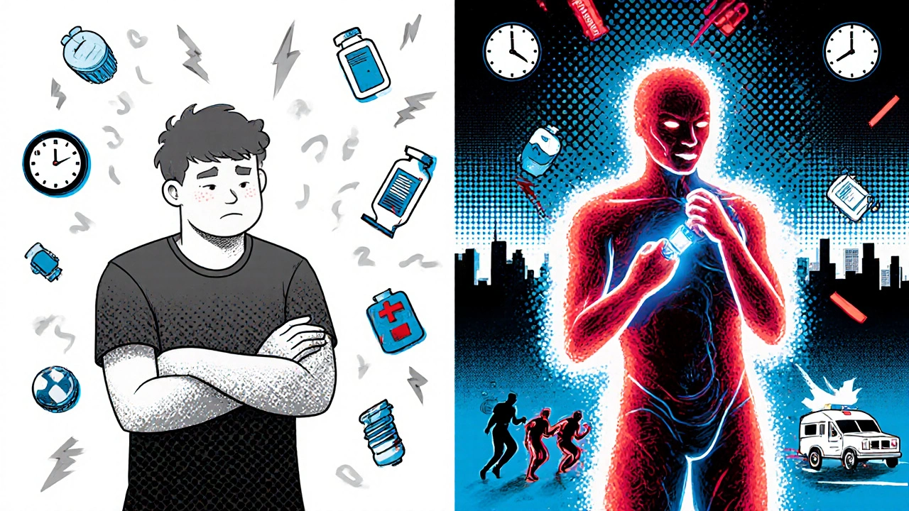 Split image: left shows fading person ignoring treatment, right shows vibrant recovery after epinephrine use.
