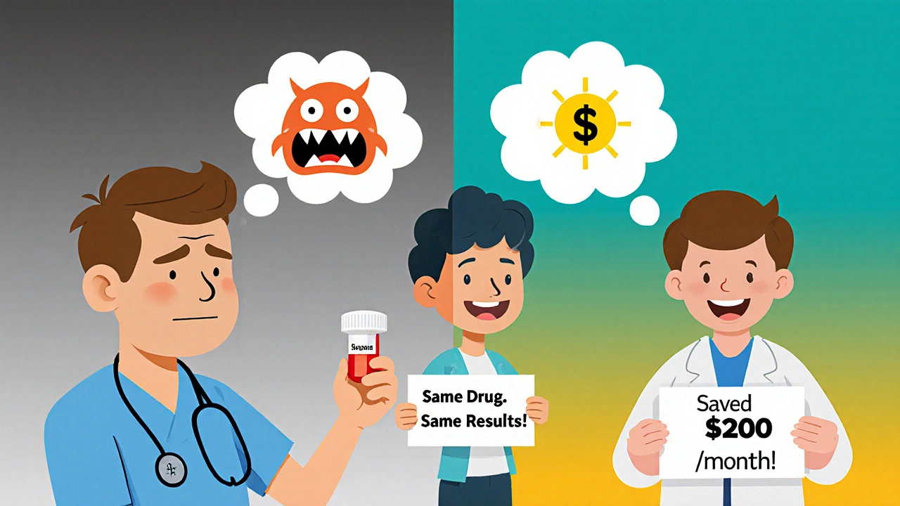Split scene of a patient’s mindset shift from fear to relief after learning a generic pill is the same as the brand.