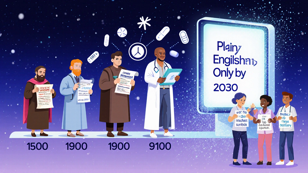 Timeline of prescription evolution from Latin script to plain English with AI assistance.