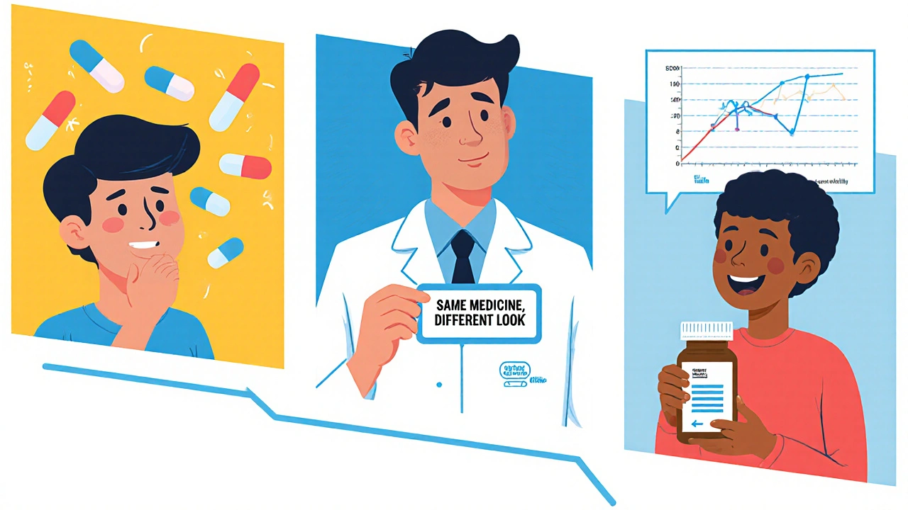 Timeline showing patient&#039;s journey from confusion about pill changes to confidence with consistent generic medication.