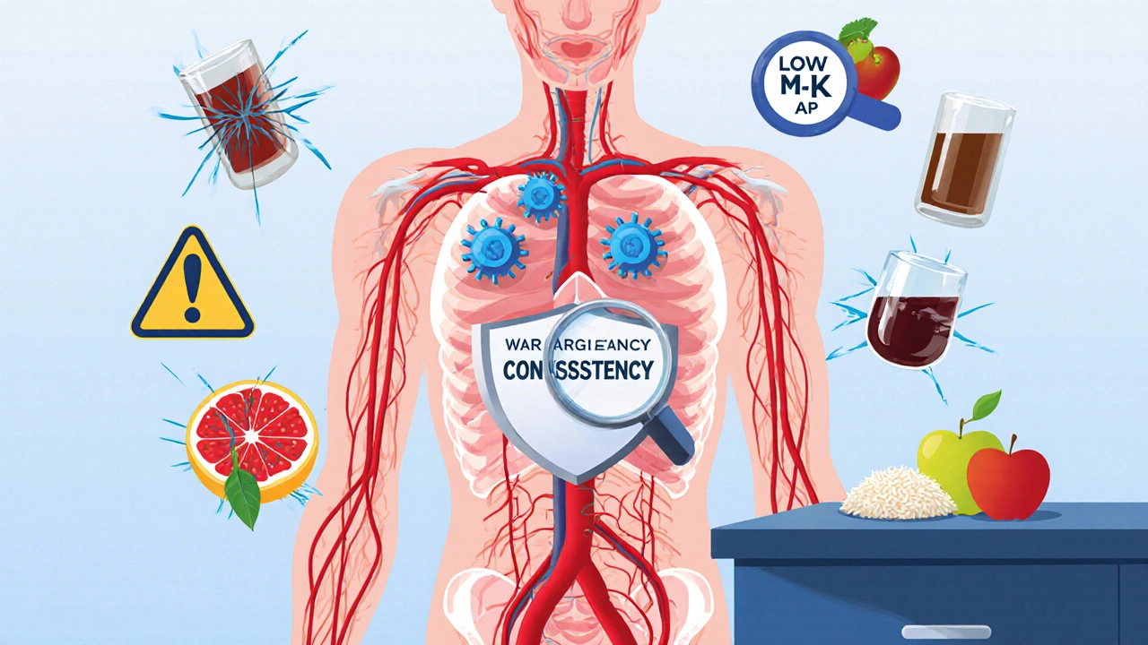 Transparent human body with balanced clotting and warfarin molecules, protected by a &#039;Consistency&#039; shield, with risky foods shattered nearby.