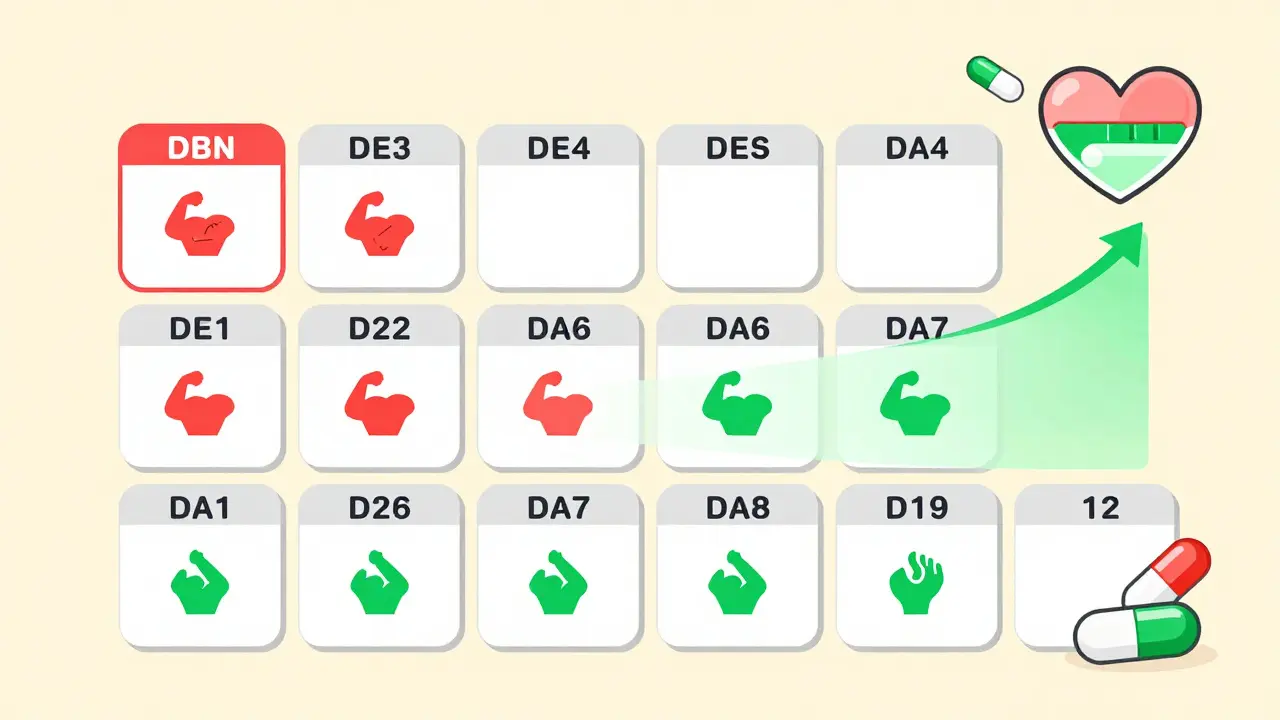 A calendar showing muscle pain fading over 12 weeks as CoQ10 supplements and a rising heart gauge appear.
