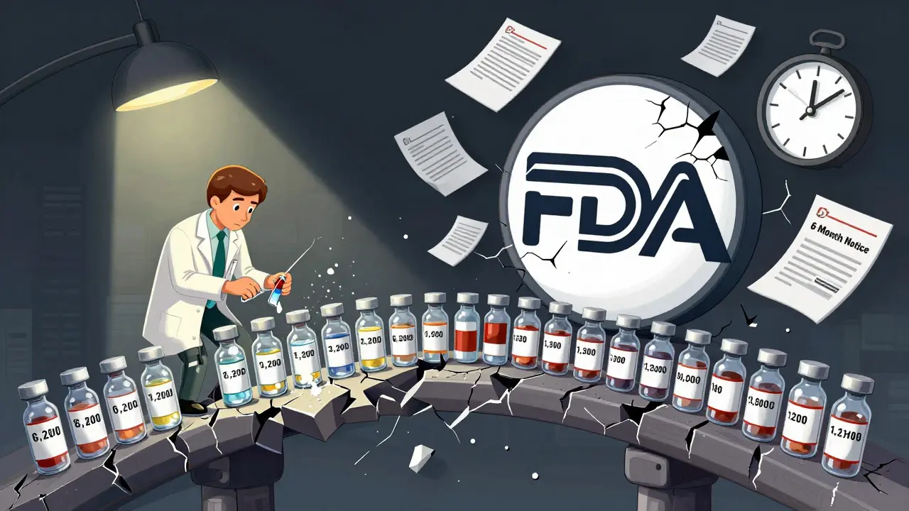 A crumbling bridge of drug vials with only 26 intact, a pharmacist compounding medicine from powder, and ignored FDA warning letters floating nearby.