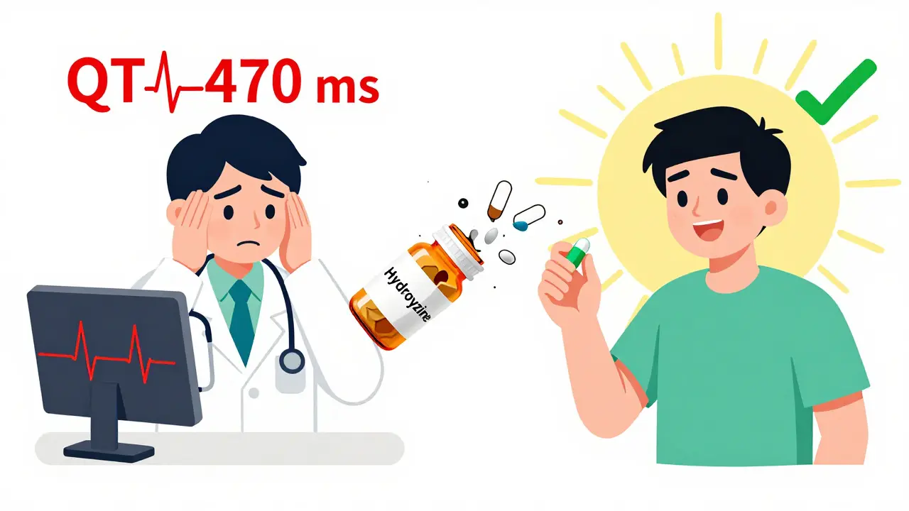 A doctor rejecting hydroxyzine on one side, a patient choosing a safer alternative on the other.