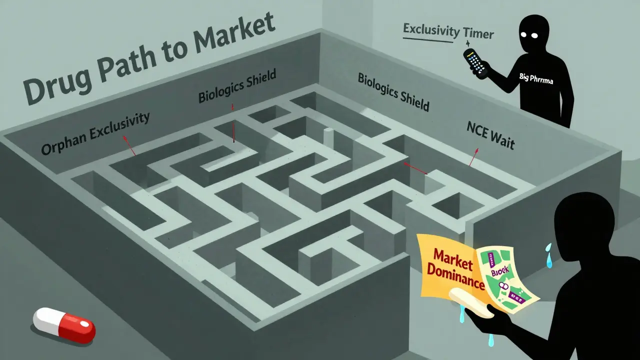 A generic pill struggles through a maze of exclusivity barriers toward market access, watched by a shadowy pharmaceutical figure.