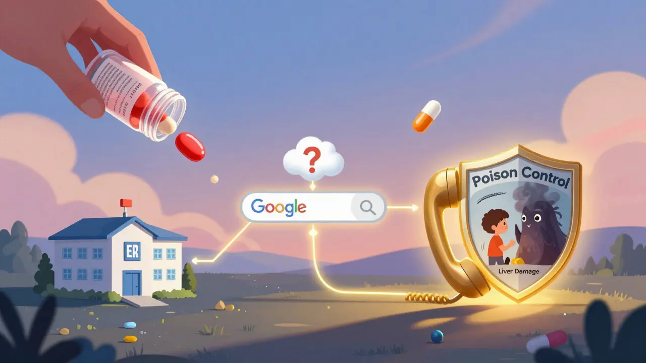 A glowing flowchart shows a safe path to Poison Control protecting a child from harm.