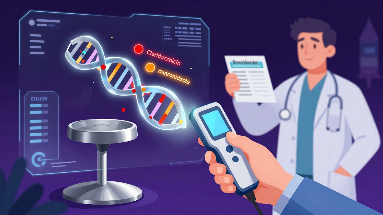 A handheld device scanning a stool sample with glowing resistance markers, as a doctor holds a quadruple therapy prescription.