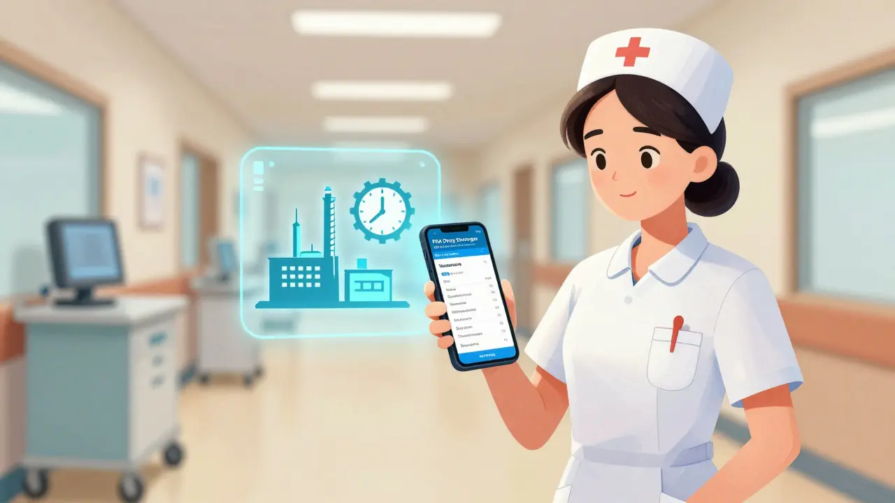 A nurse checks a mobile app displaying an NDC code for a shortage drug, with a manufacturing problem overlay visible on the screen.