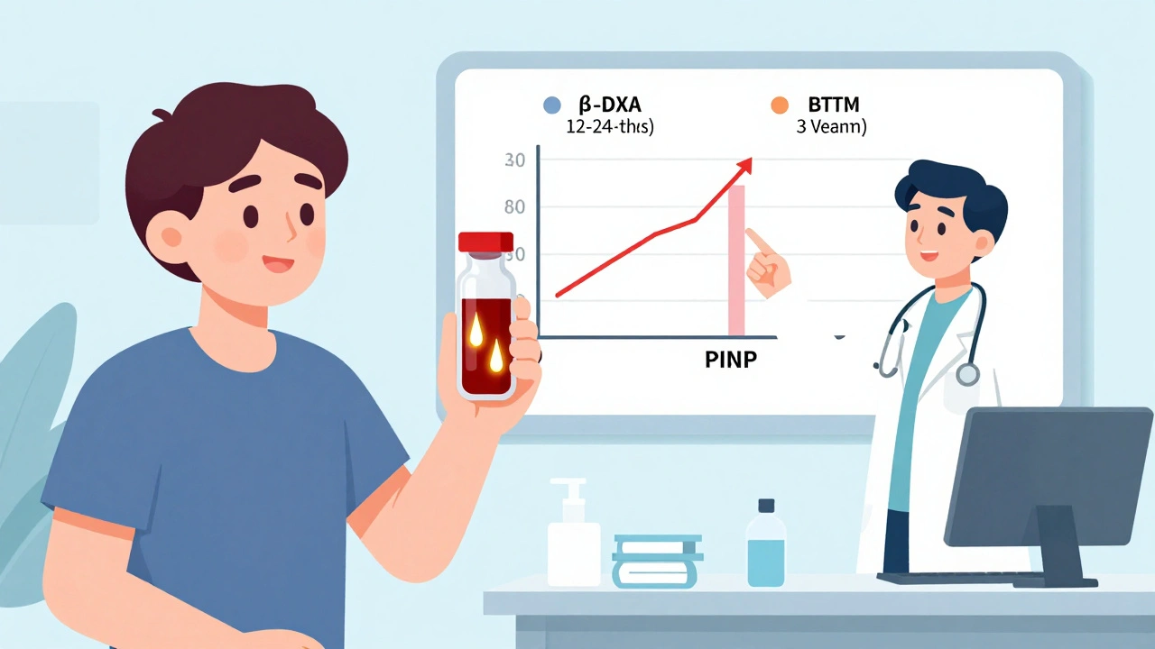 A patient and doctor reviewing blood test results showing rapid bone marker changes.