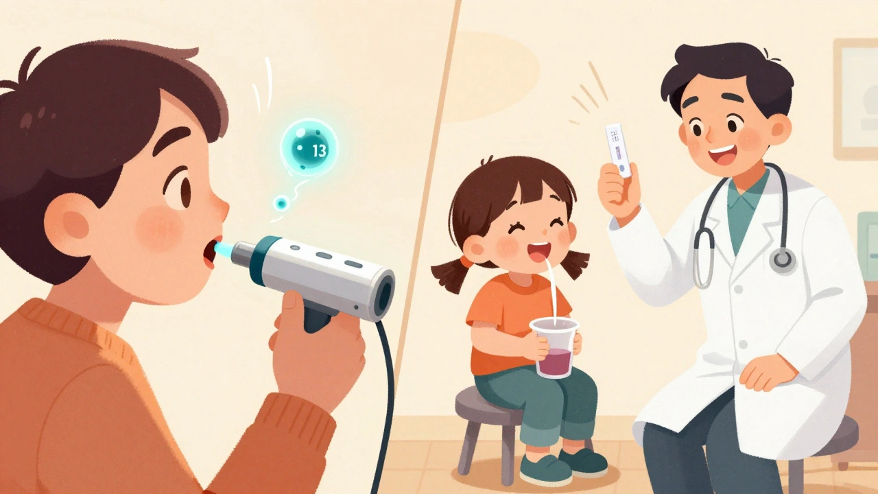 A patient breathing into a test device while a child provides a stool sample, both shown in a friendly medical setting.