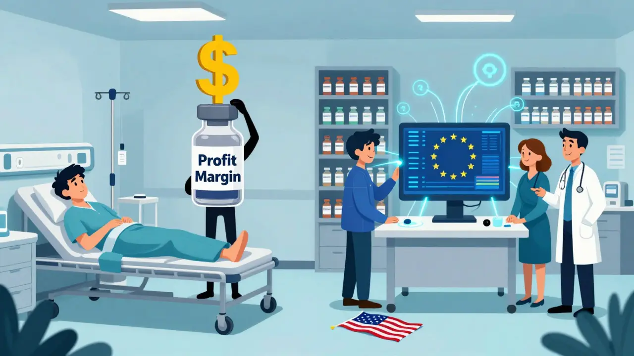 A patient facing an empty IV pole while a profit symbol looms over cheap drugs, contrasted with a well-organized EU clinic connected by data streams.
