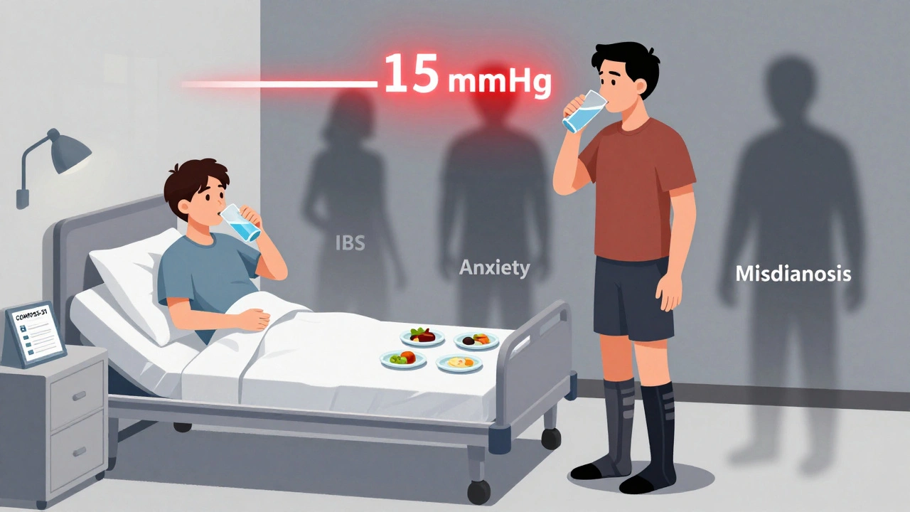 A patient managing autonomic neuropathy with compression socks, small meals, and diagnostic tools nearby.