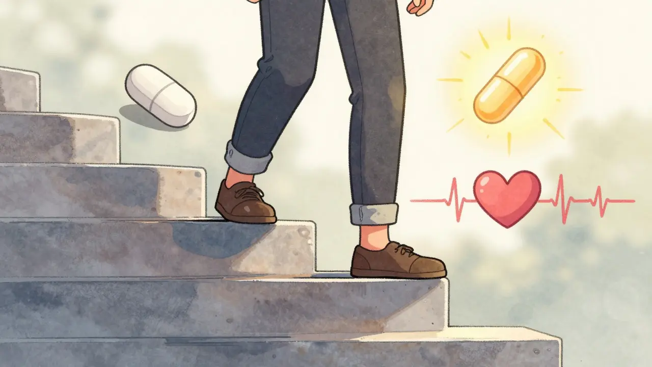 A person hesitating on stairs, statin pill casting shadow, CoQ10 capsule glowing with golden light.