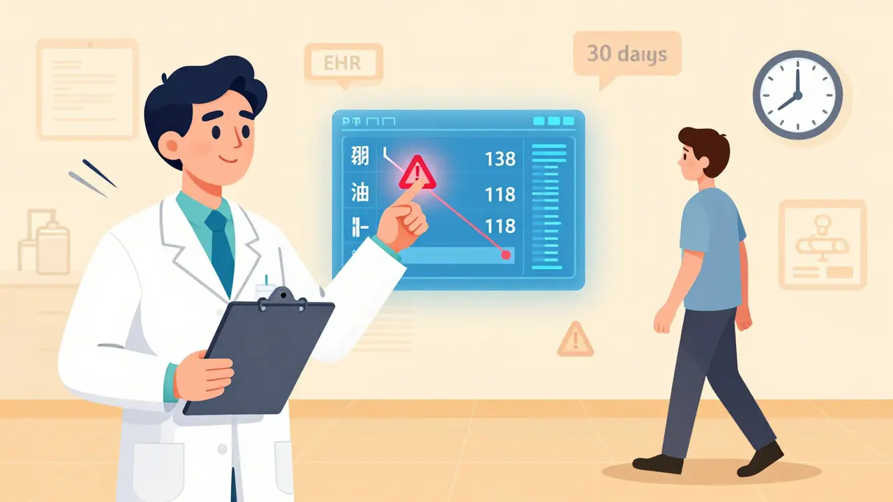A pharmacist alerts a patient about dangerous sodium levels on an electronic health record screen.