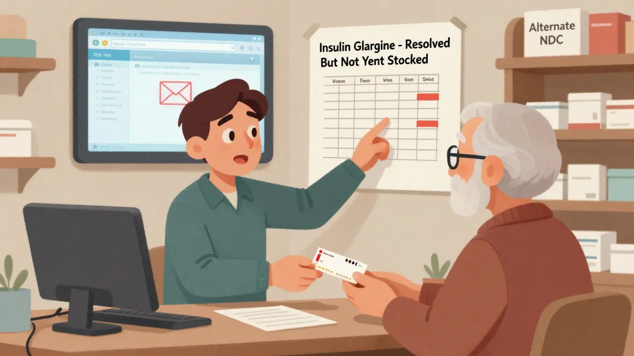 A pharmacist explains drug availability to a patient using a printed chart and a screen showing FDA database status with an email submission icon.