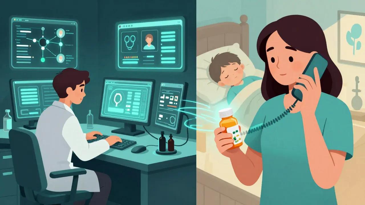 A pharmacist in a control center connects with a parent via phone, with data streams linking them.