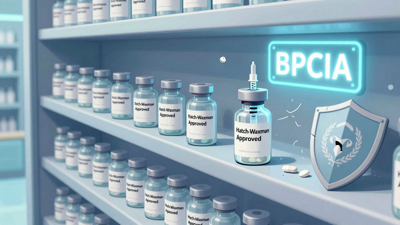 A pharmacy shelf full of generic pills with one complex drug left behind, hinting at future approval challenges.