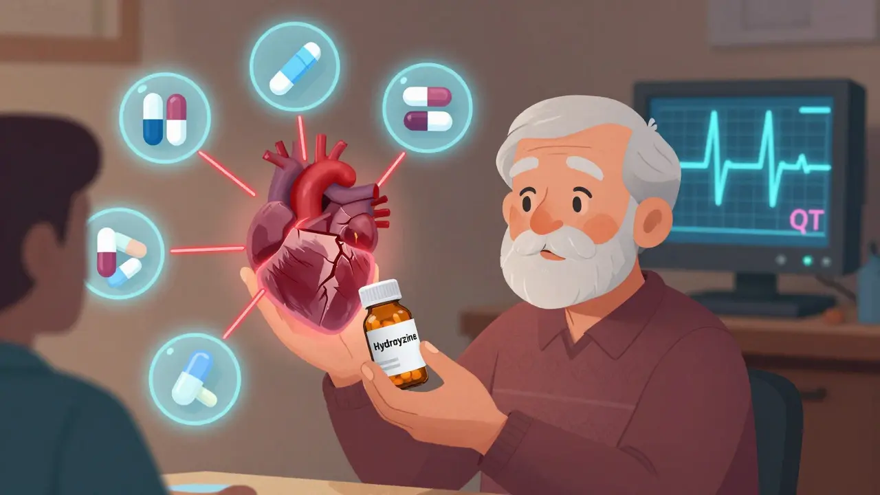 An elderly person surrounded by interacting medications, with a warning glow over their heart.