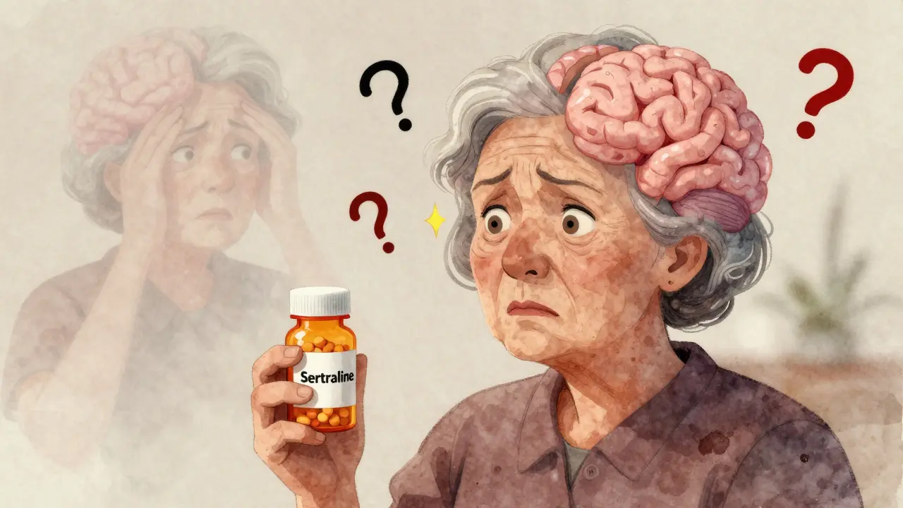 An elderly woman with a ghostly swollen brain behind her, surrounded by symptoms like headache and confusion.