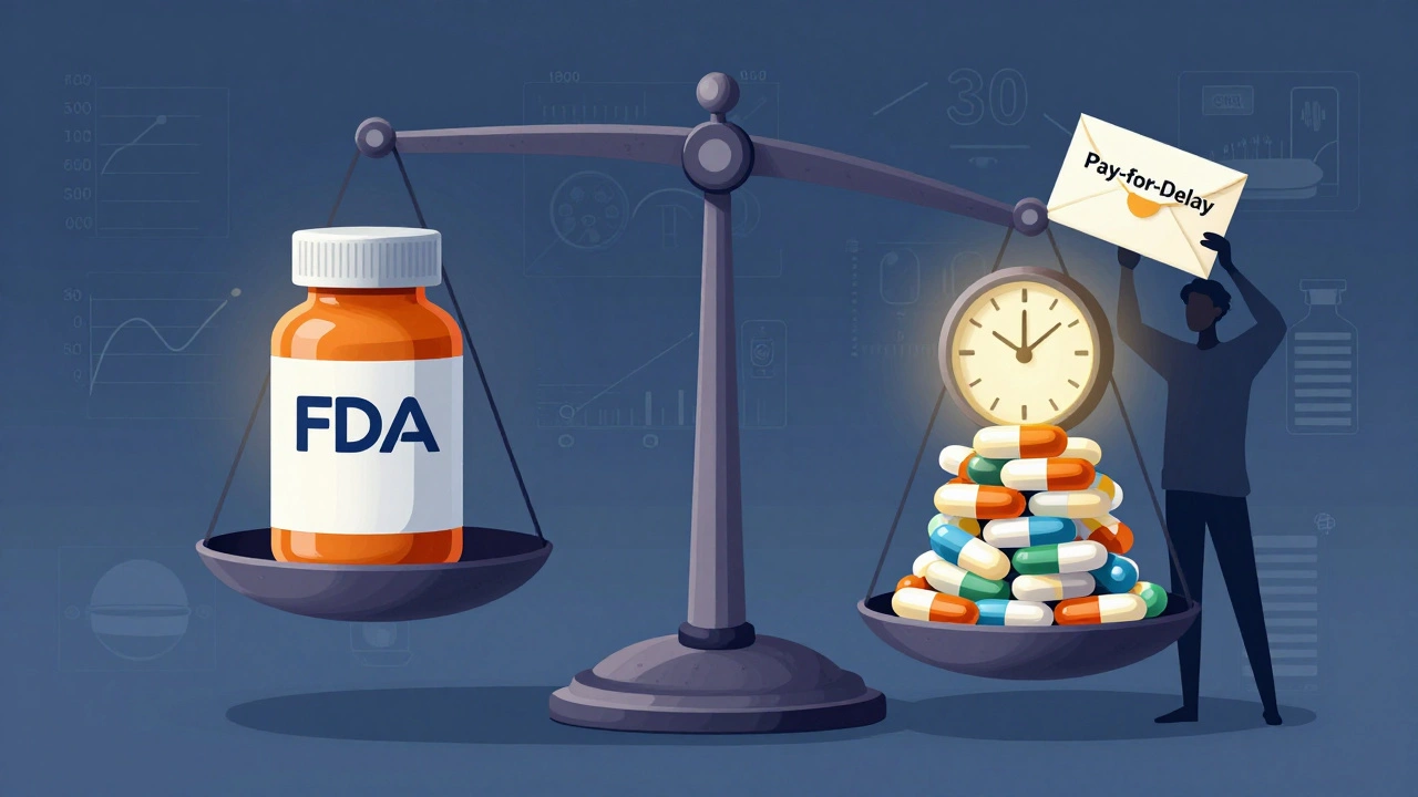 An FDA scale balancing brand and generic drugs, with a clock and pay-for-delay envelope symbolizing delayed competition.