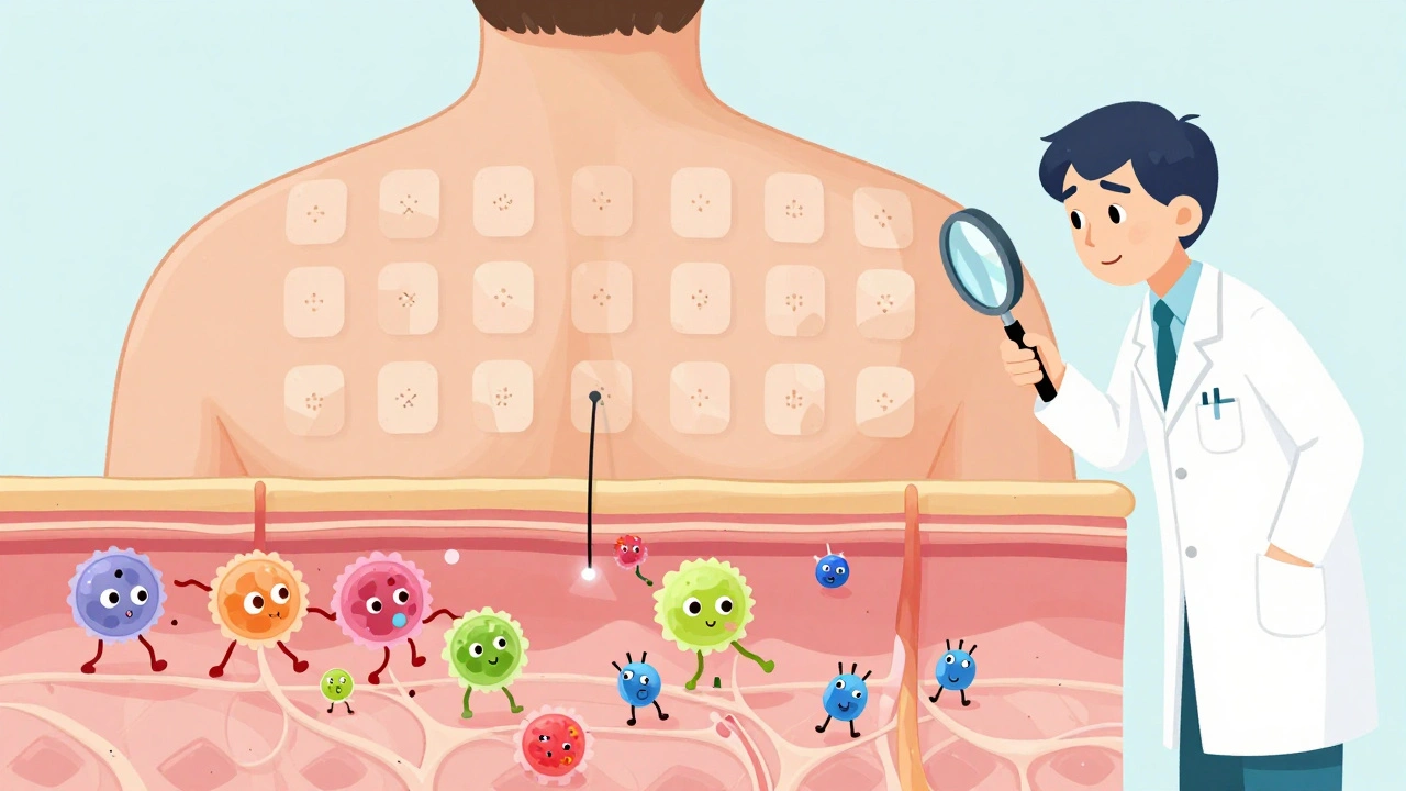 Back with adhesive patch test strips and immune cells traveling beneath skin