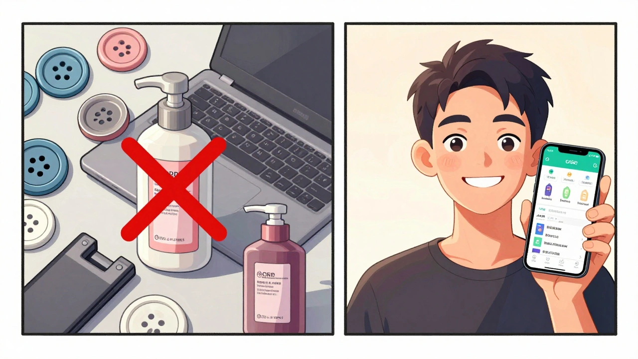 Before-and-after: person avoiding allergens with safe products shown on phone