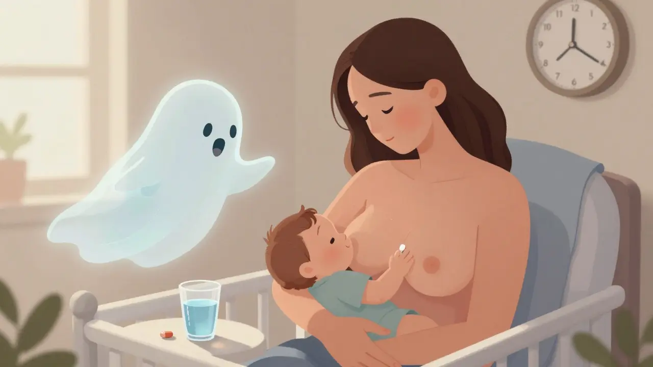 Breastfeeding mother taking acetaminophen after nursing, with a time-based visual of medication clearing from her body.