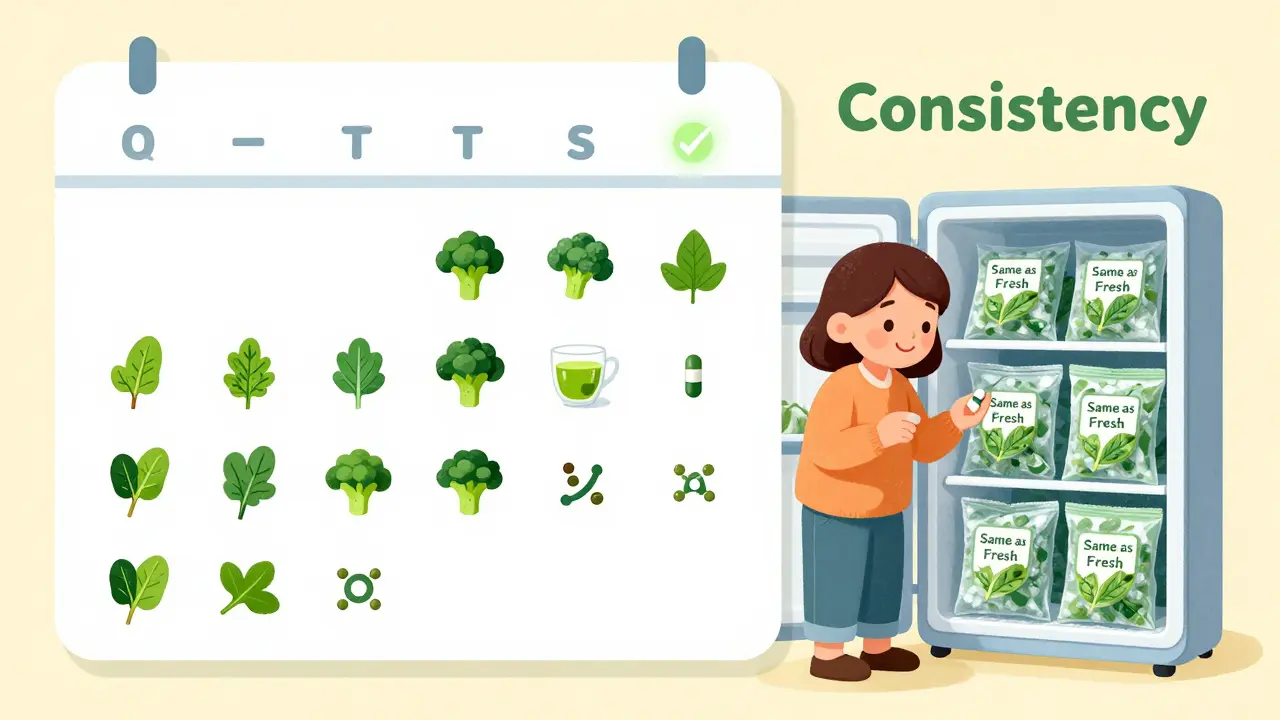 Calendar with daily vitamin K foods and frozen spinach bags labeled 'Same as Fresh'